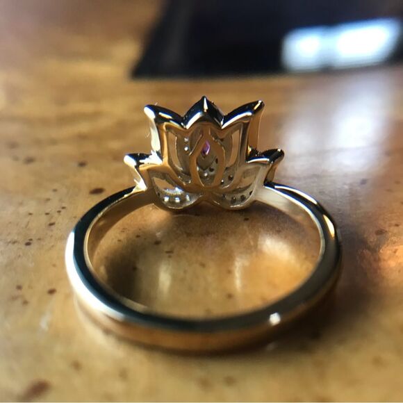 Natural Rhodolite Garnet Sterling Silver 18k Yellow Gold Vermeil Lotus Ring - Picture 3 of 9